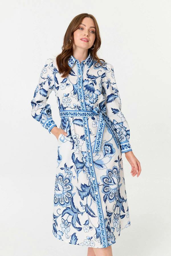 Blue | Floral Print Tie Belt Midi Shirt Dress
