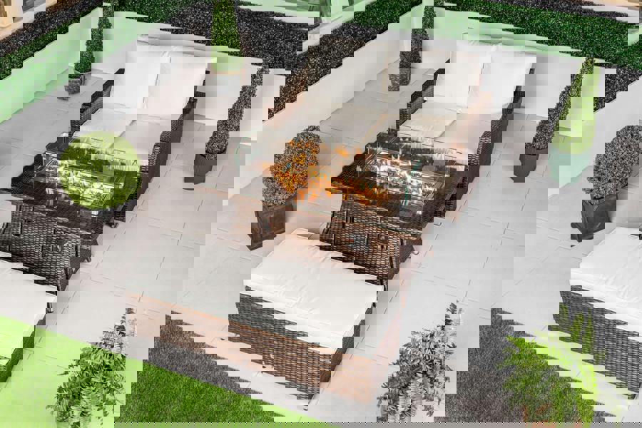 Giardino Sydney 2 Seat Loveseat Sofa Rattan Garden Furniture Set Outdoor With Fire Pit Coffee Table & Bench