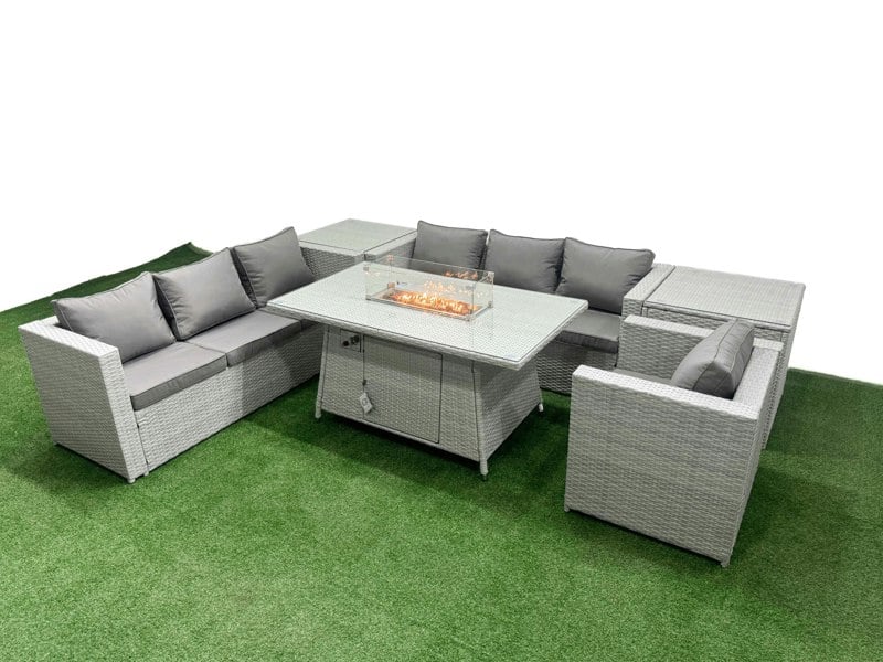 Fimous 7 Seat PE Rattan Lounge Sofa Set Outdoor Garden Furniture Set with Fire Pit Dining Table 3 Seater Sofa 2 Side Tables Light Grey