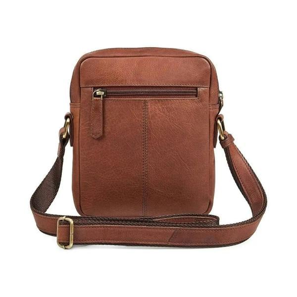 Brown leather crossbody bag on a white background