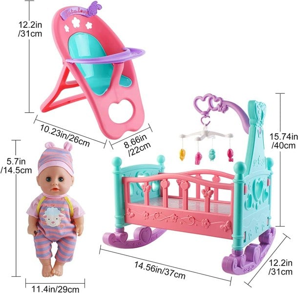 deAO Toys Doll Toy Set Doll Toy 15-piece toy Set including Mini Crib, ,Mobile, High Chair, Feeding Accessories