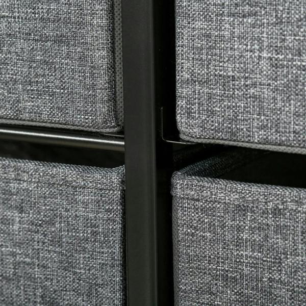 Grey fabric drawer front with black metal frame corner and pull handle edge