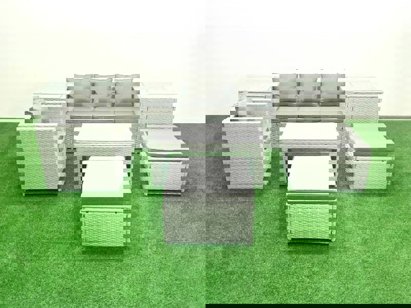 Fimous 6-Seater Outdoor Rattan Sofa Set | Grey Cushions, Coffee Table, 2 Side Tables, 2 Large Footstools | Conservatory/Patio