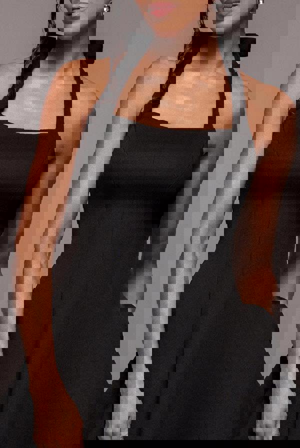 Contrast Organza Frill Bow Back Halter Midi Dress - Black Cream DR4770