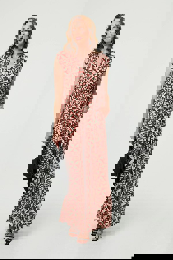 Red | Geo Print Sleeveless Tie Waist Jumpsuit
