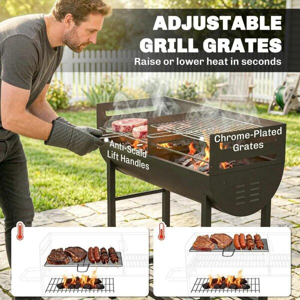 Bobobiy Charcoal Barbecue Grill with 2 Cooking Areas, Portable BBQ Trolley with Wheels, Height Adjustable Grates, Bottom Shelf