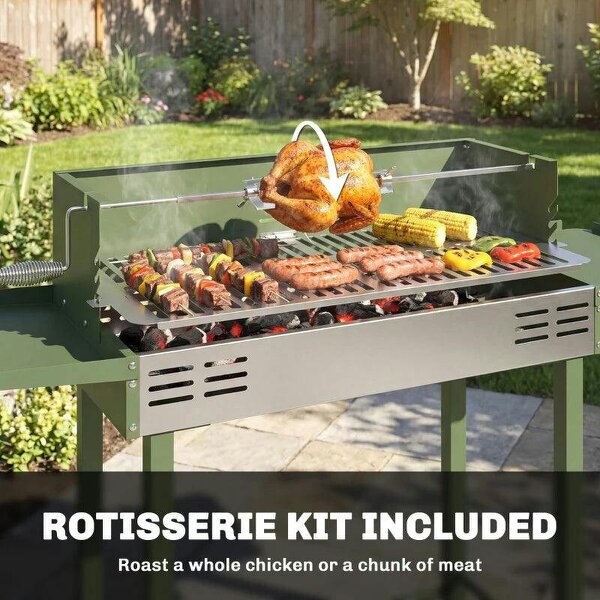 Bobobiy BBQ Rotisserie Grill Roaster Charcoal Spit Roasting Machine for Chicken Turkey with 3-Level Grill Grate, Side Shelves, Dark Green