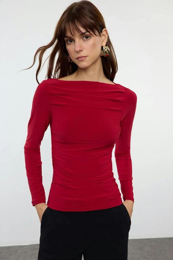 Hoxton Gal Boat Neck Draped Fitted Stretch Knit Blouse