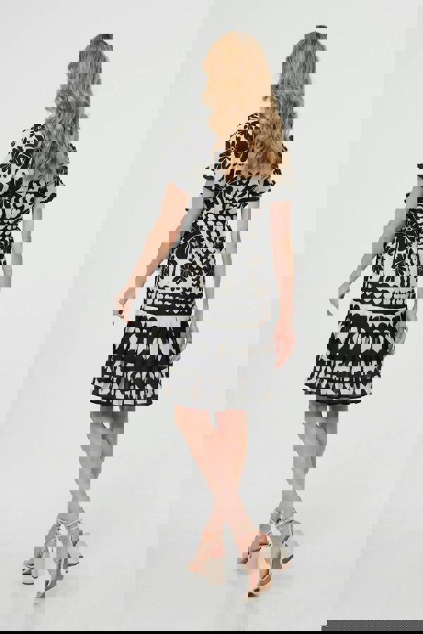 Black | Heart Print Tie Waist Short Skater Dress
