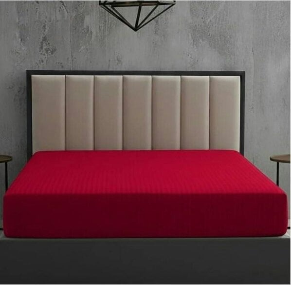 Night Zone Satin Stripe Extra Deep Fitted Sheet 30cm – 250 Thread Count 100% Cotton Hotel Quality - Red