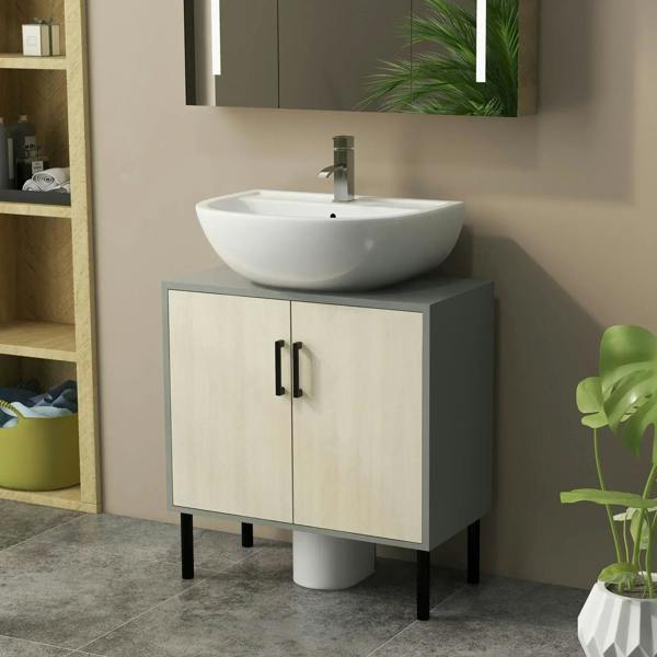 Bathroom vanity cabinet with double doors and black handles, natural wood finish.