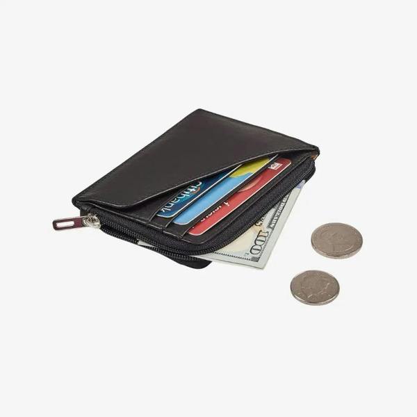 Black leather zip wallet for women with coin pocket