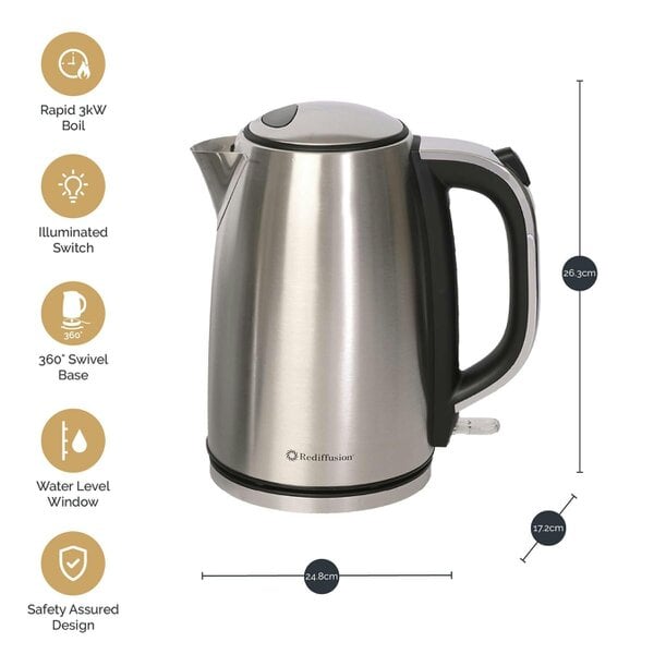 Rediffusion Brushed Stainless Steel 1.7L Kettle & 4 Slice Toaster Set