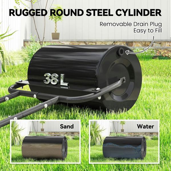 Black 38L round steel lawn roller with U-handle and removable drain plug area
