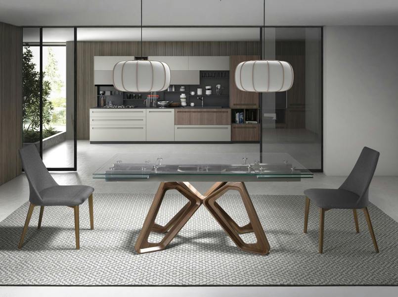 Angel Cerdá Rectangular tempered glass and walnut extending dining table 1122