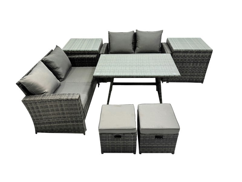 Fimous 6 Seater Wicker PE Rattan Furniture Outdoor Dining Table Double Seat Sofa 2 Small Stools 2 Side Table Set Dark Grey Mixed