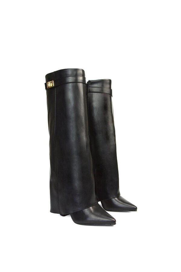 XY LONDON Block Heel Knee High Foldover Boots With Pointed Toe