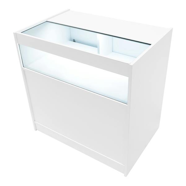 Polaris LED Shop Counter Set in sleek white, featuring a glass display top and illuminated interior for showcasing products