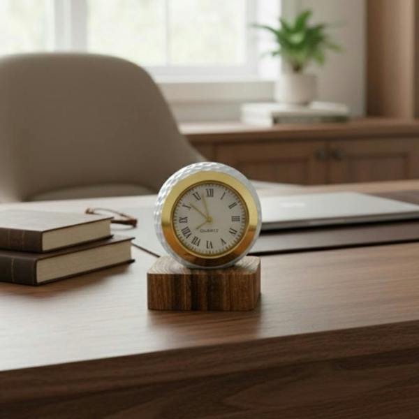 A small round Golf Ball Clock with a gold bezel and Roman numerals sitting on a square wooden block on a large desk.