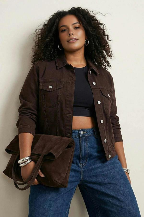 WOVCOR Stretch Crop Plus Size Denim Jacket