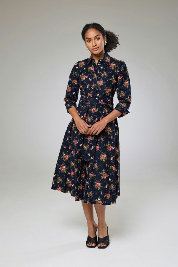 Isha's Timeless collection Navy Flora Cord Long Sleeve Dress