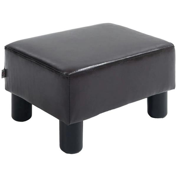 Dark PU leather cube ottoman with smooth stitched seat and four short black plastic legs.