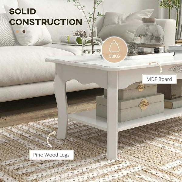 White coffee table with two storage drawers, open shelf, and curved white legs