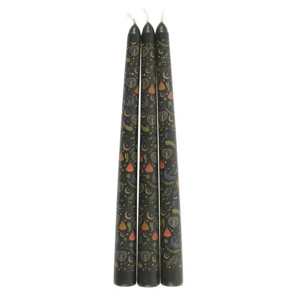 Set of 3 black taper candles with twin wicks and heart-moon pattern
