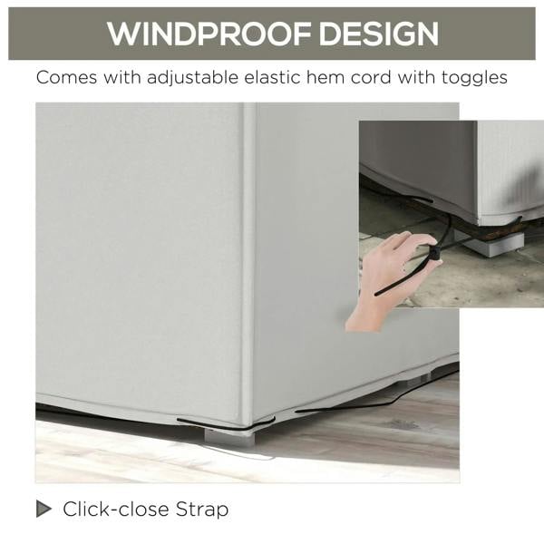 Grey patio furniture cover with adjustable elastic hem cord and click-close strap