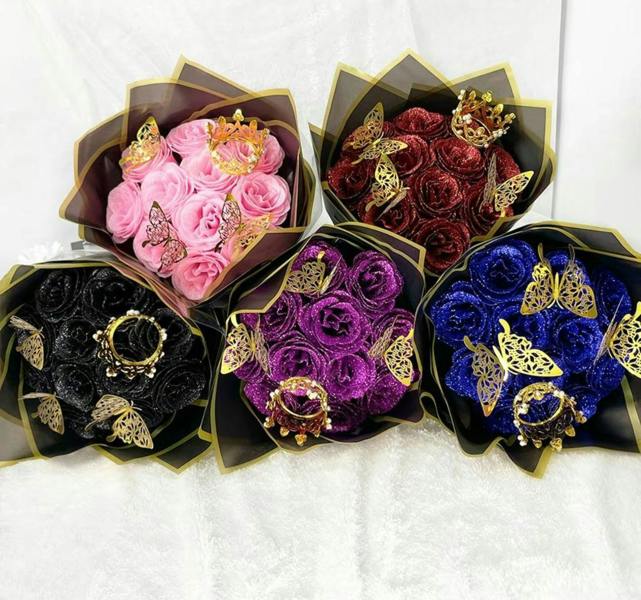 Dragodirect Artificial 12 Red Rose Flower Bouquet With Glitter Crown Butterfly Wedding Party Decoration Valentines Gift