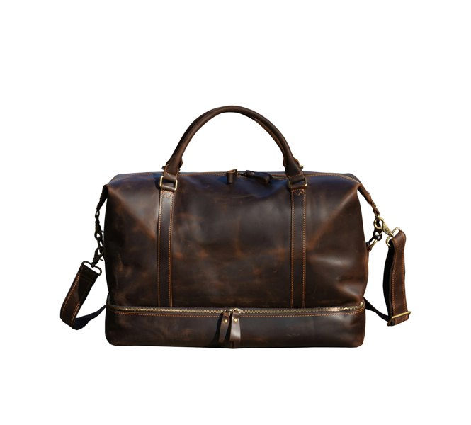 Touribag Leather Weekend Bag With Suit Compartment - Dark Brown