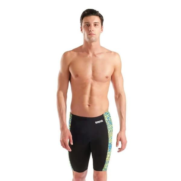 Arena Snakeskin Swim Jammer black green trunks with blue accents
