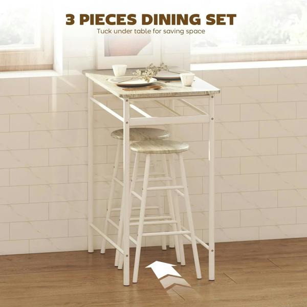 White bar table with open storage shelf and oak-look top, with one matching stool