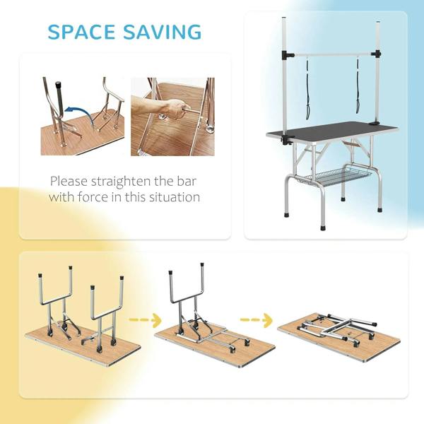 Space-saving adjustable pet grooming table with black top and hanging loops; folded setup
