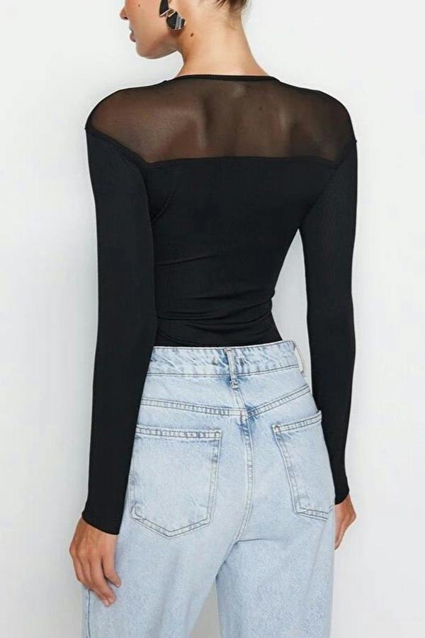 WOVCOR Tulle Detailed Heart Neck Ribbed Knit Bodysuit