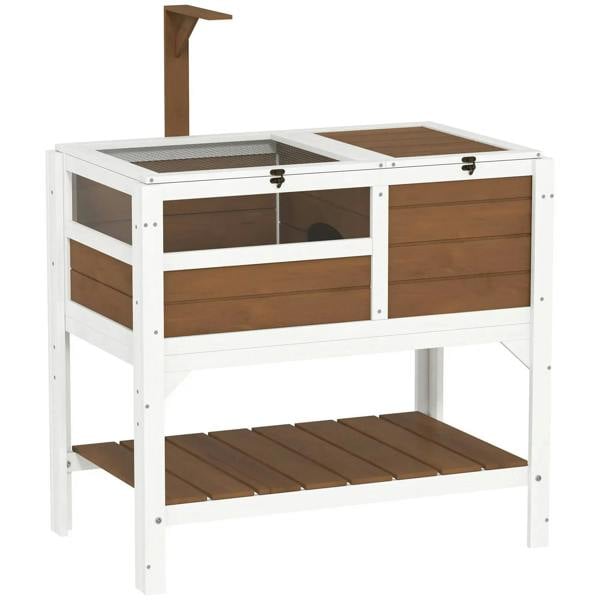 Brown wooden tortoise house enclosure with shelter, ramp, and lower shelf