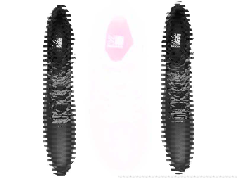 Karrimor Mendip 4 Womens Waterproof Hiking Trekking Ankle Boots, top view showing brown waterproof ankle boots with grey laces and padded black collar, interior with red insole featuring the Karrimor logo.