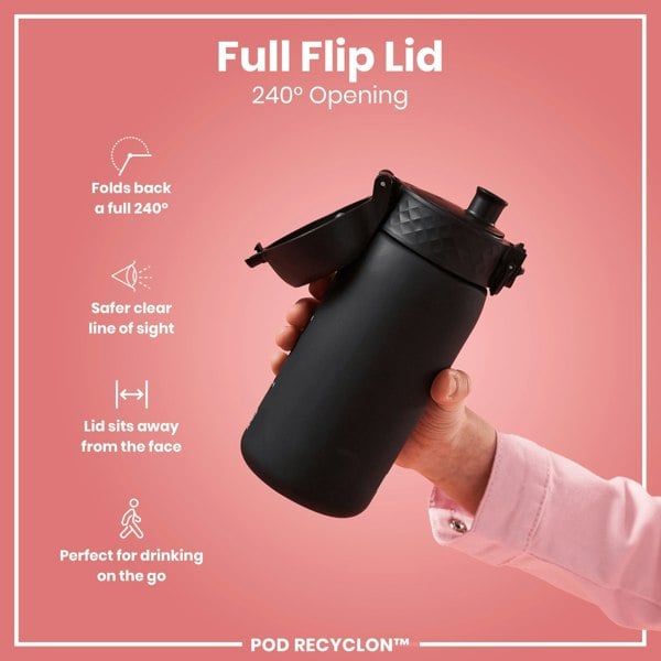 A black water bottle, with its lid flipped open 240 degrees, is held in a hand against a pink background. The bottle features a full flip lid, a 240° opening, and is advertised as perfect for on-the-go drinking. POD RECYCLON™ is also visible.