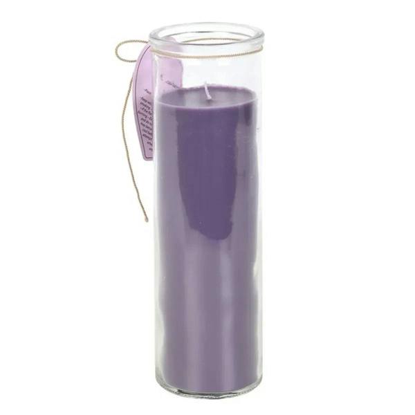 Lavender tube candle with visible purple wax inside clear glass cylinder