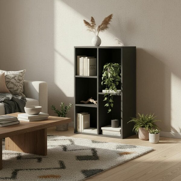 Wyld Haus Vakeri Wood Black 2 Tier Bookcase With 5 Storage Compartments