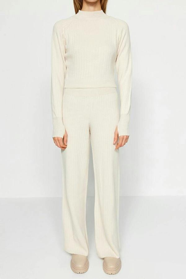WOVCOR 2-Piece Crop Knit Top & Pants Set with Finger Detail