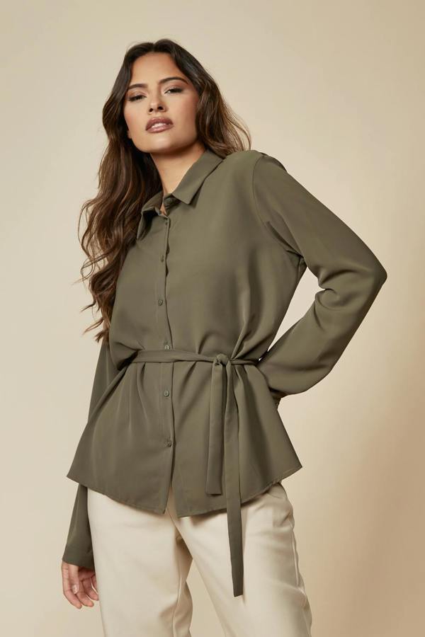 Hoxton Gal Oversized Belt Detailed Long Sleeves Shirt Top in Khaki