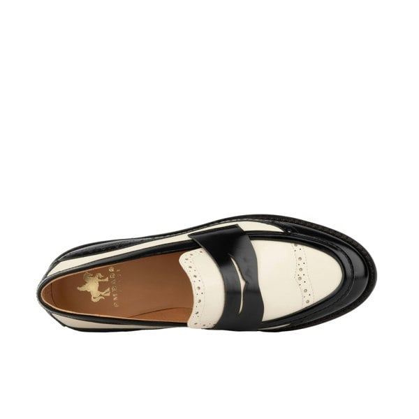 Embassy London Angelina - Black & Cream - Women's leather almond toe penny loafer with broguing