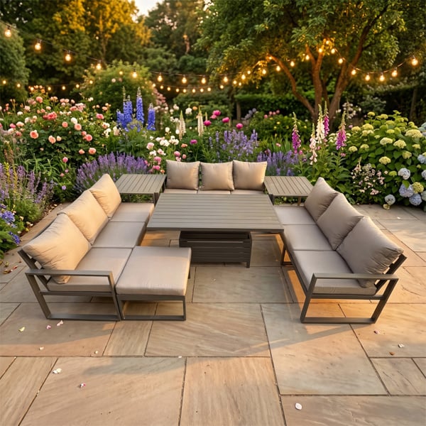 Fimous 10 Seater Aluminium Outdoor Garden Furniture Set with Adjustable Rising Dining Table, 3 Sofas, 2 Side Tables & Footstool - Grey