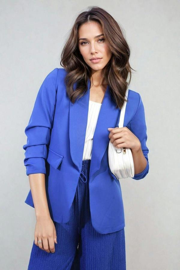 Valerie Ruched Sleeve Open Front Blazer Jacket With Front Pockets - Royal