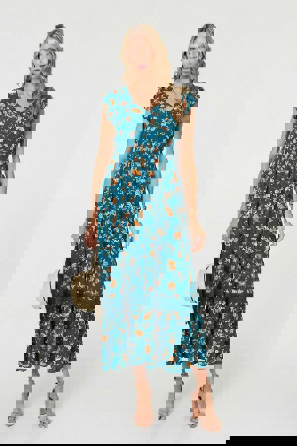 Teal | Floral Cap Sleeve Lace Trim Maxi Dress

