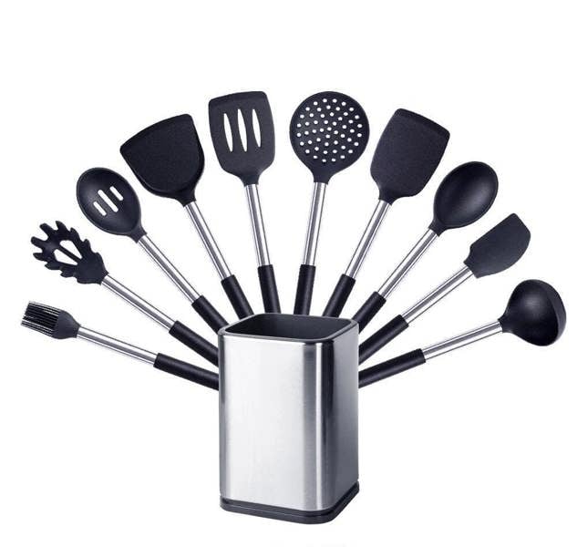 Anygleam Kitchen Utensils Non-stick Black/ Silver 10 Set Cooking Tool with Storage Box Accessories Heat Resistant Kitchenware