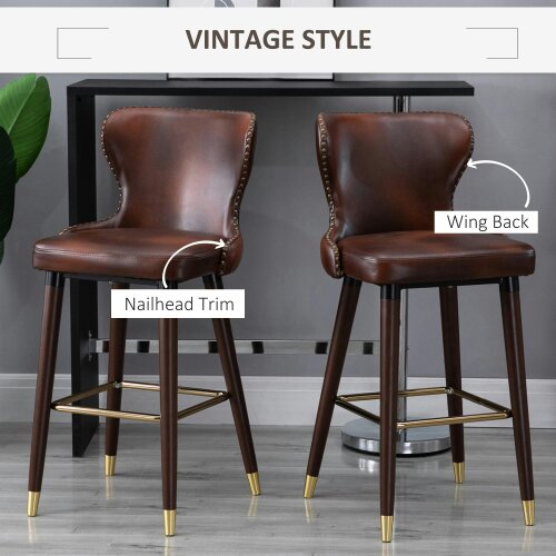 Wyld Haus Halotti Faux Leather Brown Bar Stools Set Of 2 With Back Support And Wooden Legs