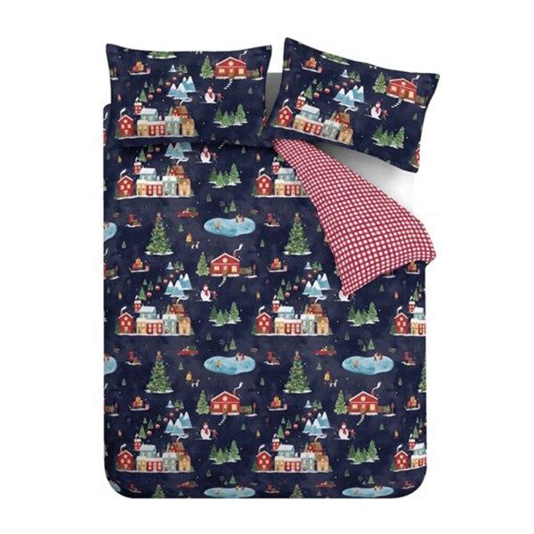 Catherine Lansfield Christmas Ski Village Reversible Duvet Cover Set Navy Blue