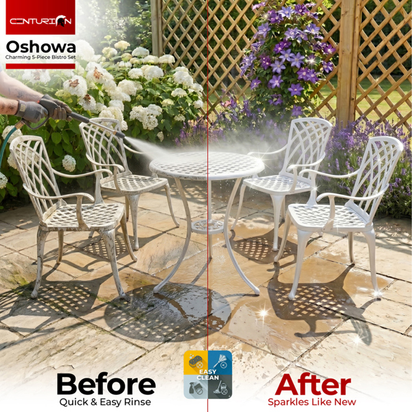 Centurion Supports OSHOWA Luxurious Garden and Patio Table and 4 Large Chairs with Armrests Cast Aluminium Bistro Set - White with Green Cushions